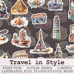 Viaggia con stile Fussy Cuts Fogli adesivi stampabili / Kit diario spazzatura JPG PNG PDF / Scrapbooking Ephemera Trasporto Vacanze Europa