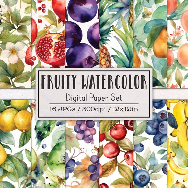 Fruity Watercolor Digital Papers | Digital Paper Pack | Printable Scrapbook Ephemera | Fruit Watercolor Food Kitchen Patterns Digital Paper