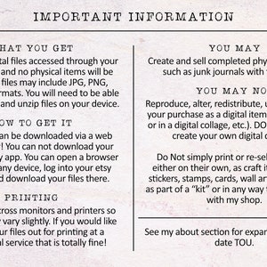 May include: A digital download information sheet with the text "Important Information" at the top. The sheet is divided into three sections: "What You Get", "You May", and "You May Not". The sheet explains the terms of use for digital files purchased from an Etsy shop.