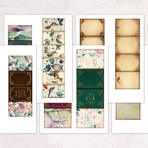 May include: Set of printable digital papers featuring a variety of designs, including floral patterns, vintage book covers, and nature scenes. The papers are perfect for scrapbooking, card making, and other craft projects.