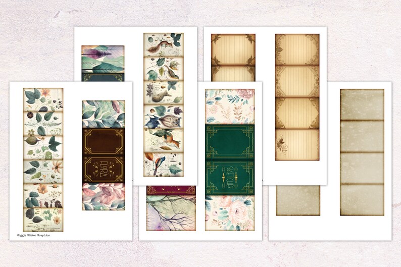 May include: Set of printable digital papers featuring a variety of designs, including floral patterns, vintage book covers, and nature scenes. The papers are perfect for scrapbooking, card making, and other craft projects.
