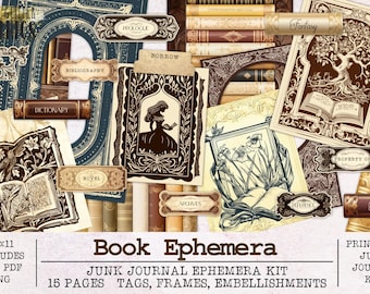 Book Junk Journal Ephemera Vintage Style | Junk Journal Kit | Printable JPG + PNG + PDF | Library Theme Book Plates Dark Academia