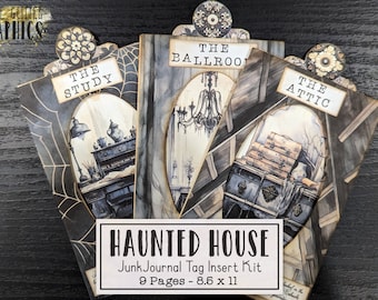 May include: A junk journal tag insert kit with a haunted house theme. The kit includes 9 pages, each measuring 8.5 x 11 inches. The tags feature illustrations of rooms like "The Study," "The Ballroom," and "The Attic," with a vintage, gothic aesthetic.