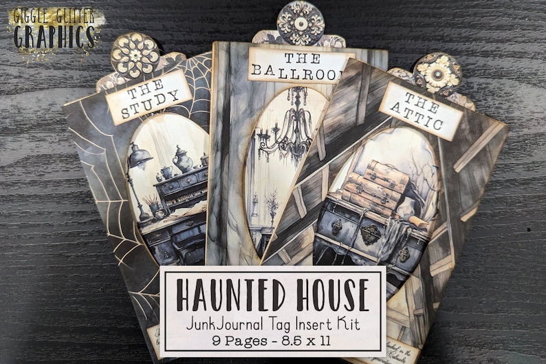 May include: A junk journal tag insert kit with a haunted house theme. The kit includes 9 pages, each measuring 8.5 x 11 inches. The tags feature illustrations of rooms like "The Study," "The Ballroom," and "The Attic," with a vintage, gothic aesthetic.