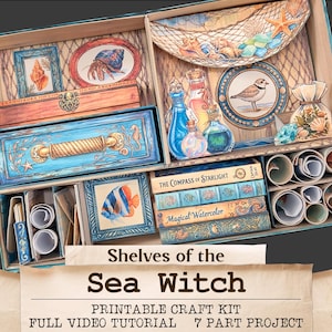 May include: A printable craft kit titled Shelves of the Sea Witch featuring a collection of nautical-themed paper elements including miniature books, bottles, shells, and fish illustrations arranged in a box. Includes US Letter 8.5 x 11in files.