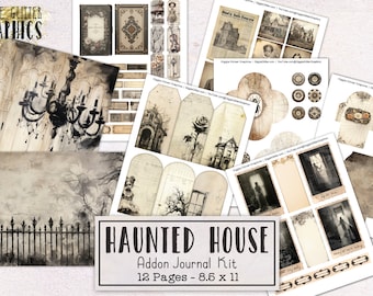 May include: A digital printable journal kit with a haunted house theme. The kit includes 12 pages, each 8.5 x 11 inches, featuring images of a spooky house, a chandelier, a rose, a gate, and a ghost. The kit is perfect for scrapbooking, card making, and other paper crafts.