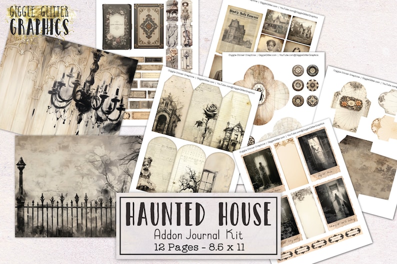 May include: A digital printable journal kit with a haunted house theme. The kit includes 12 pages, each 8.5 x 11 inches, featuring images of a spooky house, a chandelier, a rose, a gate, and a ghost. The kit is perfect for scrapbooking, card making, and other paper crafts.
