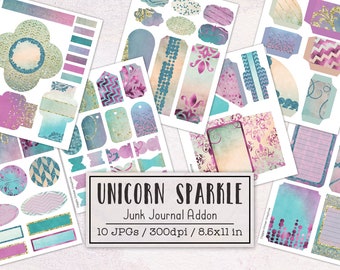 May include: A set of 10 digital printable scrapbook paper designs featuring a unicorn sparkle theme. The papers are in shades of teal, purple, and pink with gold glitter accents. The papers are 8.5 x 11 inches and 300 dpi.