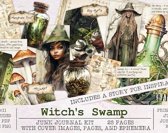 Witch's Swamp Junk Journal Kit | Junk Journal Ephemera Pack | Printable Journal Pages | Digital Download Fantasy Witchy Swamp Witch