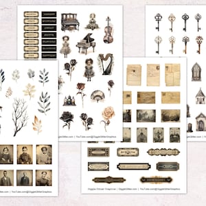 May include: A digital collage sheet with vintage illustrations of keys, doors, windows, and other gothic elements. The sheet includes a variety of images, including a piano, a harp, a violin, a rose, a fan, a chest, a gazebo, and a graveyard. The sheet is perfect for scrapbooking, card making, and other paper crafts.