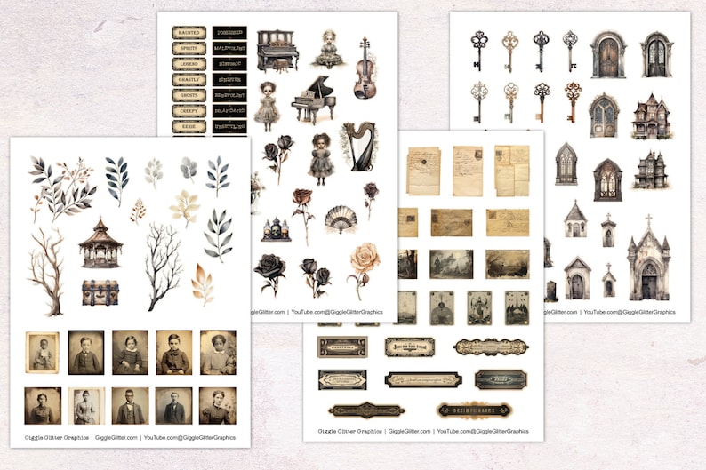May include: A digital collage sheet with vintage illustrations of keys, doors, windows, and other gothic elements. The sheet includes a variety of images, including a piano, a harp, a violin, a rose, a fan, a chest, a gazebo, and a graveyard. The sheet is perfect for scrapbooking, card making, and other paper crafts.