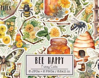 Bee Happy Fussy Cuts Printable Sticker Sheets | Junk Journal Kit | Scrapbooking Ephemera Summer Honey Bees Green