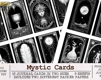 Mystic Cards Journaling Cards for Junk Journals | Halloween Junk Journal Kit JPG PDF Ephemera Pack | Printable Digital Download Tarot Cards