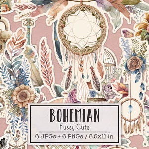 Boho Fussy Cuts Printable Sticker Sheets | Bohemian Junk Journal Kit | Scrapbooking Ephemera Dream Catchers Plants Butterflies