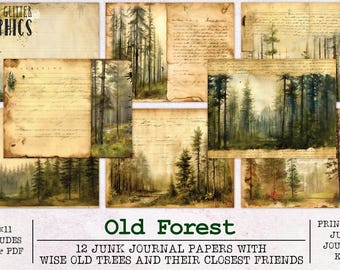 May include: Twelve printable digital papers featuring vintage-style illustrations of a forest with trees. The papers are 8.5 inches by 11 inches and are available in JPG and PDF formats. The text on the image reads "Old Forest 12 Junk Journal Papers with Wise Old Trees and Their Closest Friends Printable Junk Journal Kits".