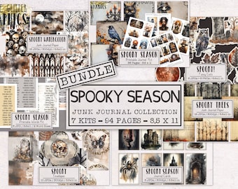 May include: A digital collage kit for junk journaling with a spooky theme. The kit includes 7 kits with 94 pages in total, each page measuring 8.5 x 11 inches. The kit features images of skulls, bats, owls, trees, and other spooky elements.
