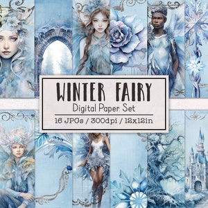Winter Fairy Digital Papers | Digital Paper Pack | Printable Scrapbook Ephemera | Watercolor Witch Christmas Fantasy