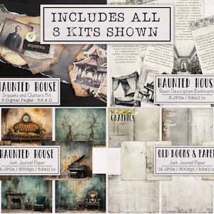 May include: A digital collage of eight kits for creating a haunted house themed junk journal. The kits include snippets and clusters, room description bookmarks, and junk journal paper. The kits are all in black and white and feature images of a haunted house, a clock, a sofa, a piano, and a tree.