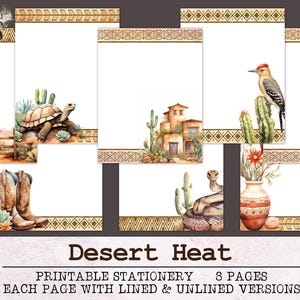 Papelería Desert Heat / Papel para escribir con y sin líneas JPG PDF / Papel digital para escribir cartas / Diario Cactus del suroeste de Texas