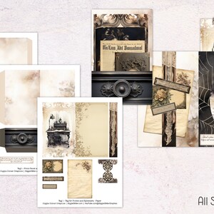 May include: A collection of vintage-style paper sheets with a gothic theme. The sheets feature illustrations of books, cobwebs, and antique furniture. The color palette includes beige, brown, and black, with the text "THE STUDY" visible on one sheet. All sheets are 8.5x11 inches.