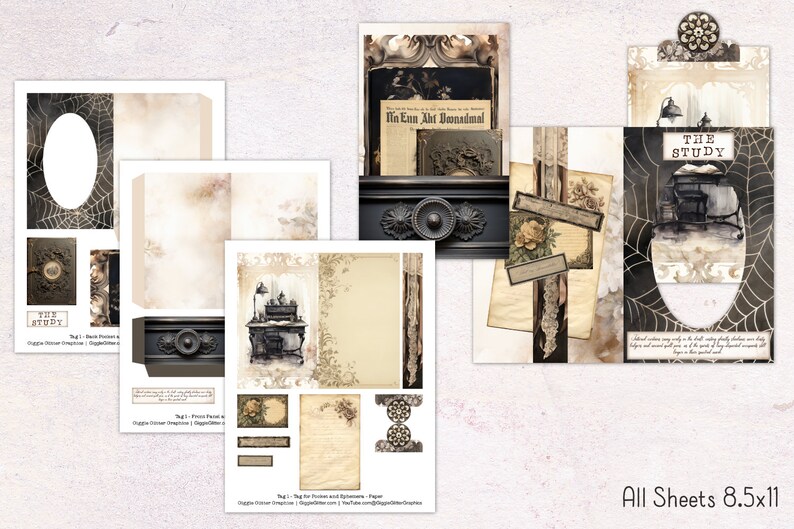 May include: A collection of vintage-style paper sheets with a gothic theme. The sheets feature illustrations of books, cobwebs, and antique furniture. The color palette includes beige, brown, and black, with the text "THE STUDY" visible on one sheet. All sheets are 8.5x11 inches.