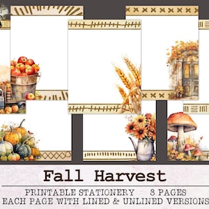 Papelería de cosecha de otoño / Papel para escribir con y sin líneas JPG PDF / Papel digital otoñal para escribir cartas / Papel para diario Pumpkin Farm