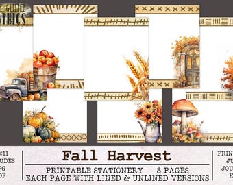 May include: Printable stationery set with 8 pages featuring fall harvest themes. Each page includes lined and unlined versions. The designs include a truck with apples, pumpkins, wheat, a mushroom, and a fall-themed door.