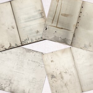 May include: Four pages of old, worn, and aged paper with various textures and patterns. The pages are all slightly yellowed and have some tears and creases. The pages are all different sizes and shapes.