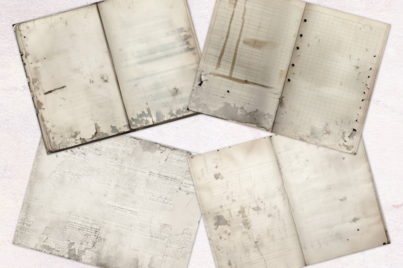 May include: Four pages of old, worn, and aged paper with various textures and patterns. The pages are all slightly yellowed and have some tears and creases. The pages are all different sizes and shapes.