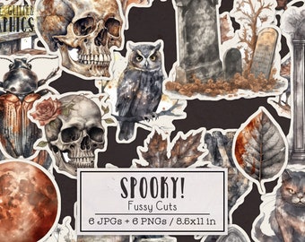 Spooky Fussy Cuts Printable Sticker Sheets | Halloween Junk Journal Kit | Scrapbooking Ephemera Gothic Horror Fall