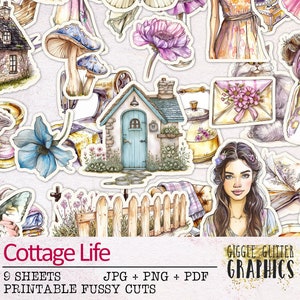 Cottage Life Fussy Cuts Hojas de pegatinas imprimibles / Cottagecore Junk Journal Kit / Scrapbooking Ephemera
