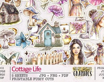 Cottage Life Fussy Cuts Printable Sticker Sheets | Cottagecore Junk Journal Kit | Scrapbooking Ephemera