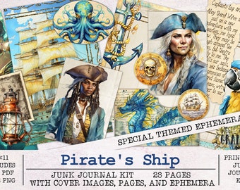 Pirate's Ship Junk Journal Kit | Junk Journal Ephemera Pack | Printable Journal Pages | Digital Download Fantasy Nautical Adventure