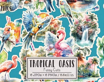 Tropical Oasis Fussy Cuts Printable Sticker Sheets | Vacation Junk Journal Kit | Scrapbooking Ephemera Ocean Hawaii