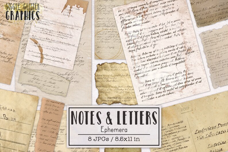 May include: Eight digital paper textures featuring aged, worn, and torn paper with handwritten text in black ink. The papers have a vintage aesthetic and are perfect for digital scrapbooking, collages, and other creative projects. The text on the papers reads "NOTES & LETTERS Ephemera 8 JPGs / 8.6x11 in".