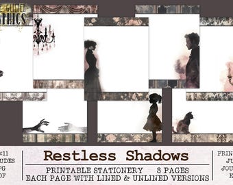 Restless Shadows Stationery | Unlined & Lined Writing Paper JPG PDF | Digital Letter Paper | Junk Journal Gothic Halloween Haunted Mirror
