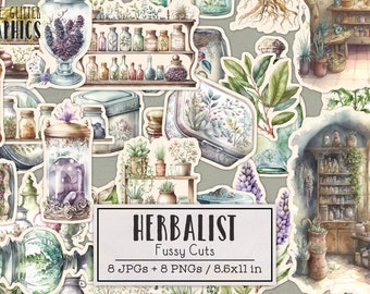 Herbalist Apothecary Fussy Cuts Printable Sticker Sheets | Witch Junk Journal Kit | Scrapbooking Ephemera Herbs Jars Bottles