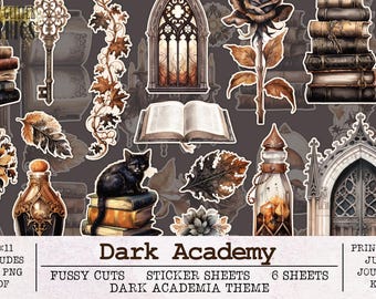 Dark Academy Fussy Cuts Printable Sticker Sheets | Gothic Junk Journal Kit JPG PNG PDF | Scrapbooking Ephemera Fantasy Library Dark Academia