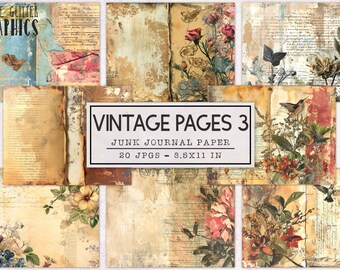 Vintage Junk Journal Paper Set 3 | Junk Journal Kit | Printable Journal Pages | Digital Paper Ephemera | Distressed Collage