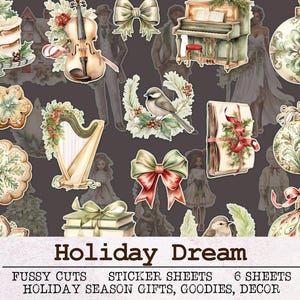Christmas Fussy Cuts Holiday Dream Printable Sticker Sheets | Junk Journal Kit JPG PNG PDF | Ornaments Trees Girl Boy Gift Decoration