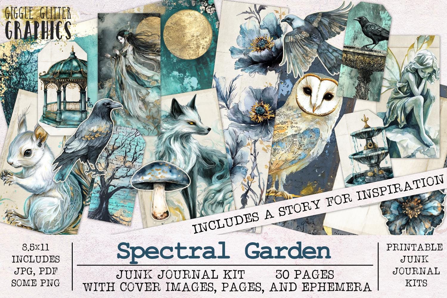 Spectral Garden Junk Journal Kit | JPG PNG PDF Junk Journal Ephemera Pack | Printable Journal Pages | Digital Download Fantasy Story