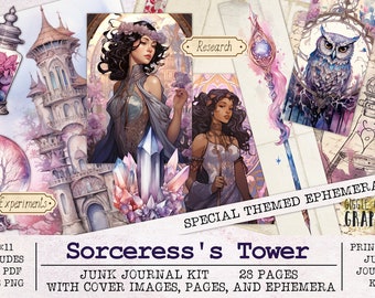 Sorceress's Tower Junk Journal Kit | Junk Journal Ephemera Pack | Printable Journal Pages | Digital Download Fantasy Witch Magic Grimoire