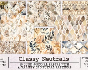 Neutrales Aquarell Junk Journal Papier | Junk Journal Kit JPG + PDF | Druckbare Journal Seiten | Digitales Papier Ephemera | Klassische Muster