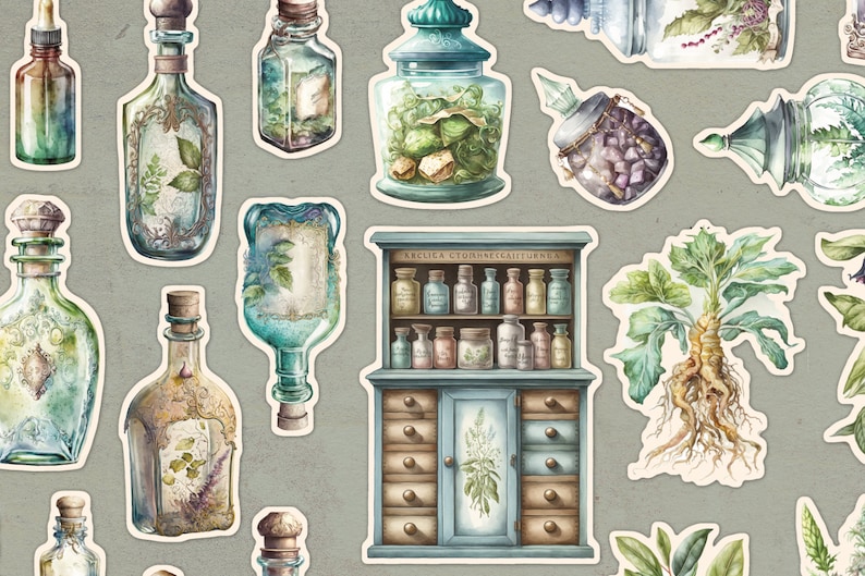 May include: A collection of vintage apothecary bottles and jars with various herbs and botanicals inside. The bottles are decorated with intricate details and labels. There is also a cabinet with drawers and shelves filled with more bottles. The image has a vintage, whimsical feel.