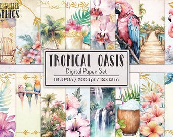 Tropical Oasis Digital Papers | Digital Paper Pack | Printable Scrapbook Ephemera | Summer Vacation Hawaii Travel Beach Ocean