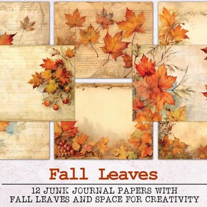 May include: Twelve printable digital papers featuring fall leaves in shades of orange, yellow, and brown on a vintage background. The papers are 8.5 inches by 11 inches and include JPG and PDF files.