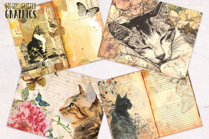 Cat Junk Journal Paper Junk Journal Kit Printable Journal Pages Digital Paper Ephemera Distressed Collage image 5