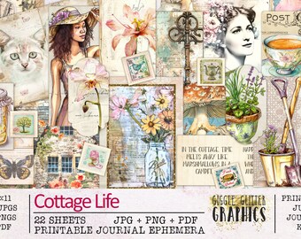 Cottage Life Junk Journal Ephemera | Cottagecore Junk Journal Kit | Printable JPG + PNG + PDF | Digital Paper | Vintage Shabby Flowers