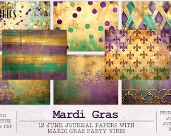 May include: Twelve digital papers with Mardi Gras themes. The papers feature a variety of patterns, including wood grain, polka dots, fleur-de-lis, and diamonds. The papers are in shades of gold, purple, and green.