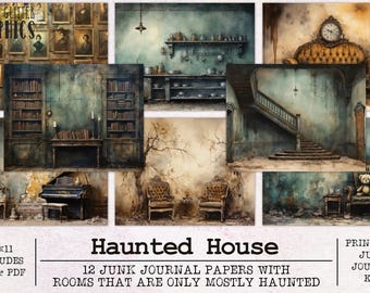 Haunted House Watercolor Junk Journal Paper | Halloween Junk Journal Kit JPG + PDF | Printable Journal Pages | Digital Paper Ephemera